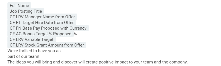 Template layout showing placeholders for employee offer letter data, including fields like Full Name, Job Posting Title, Manager Name, Target Hire Date, Base Pay, Bonus Target, and Variable Pay.