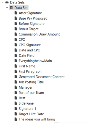 List of data set fields in a report design tool, showing elements such as Base Pay Proposed, Bonus Target, First Name, Job Posting Title, and Manager in the Data Explorer panel.