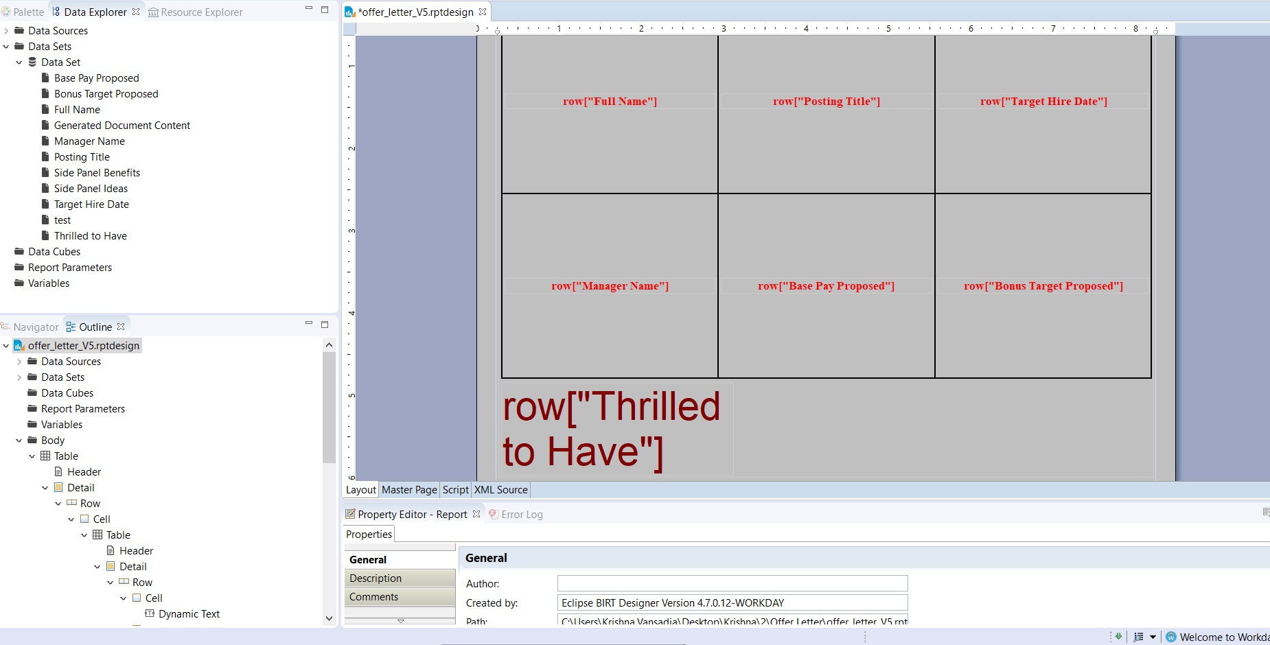 Eclipse BIRT Designer interface showing an offer letter report template with mapped fields like Full Name, Posting Title, Manager Name, Base Pay, and Bonus Target.