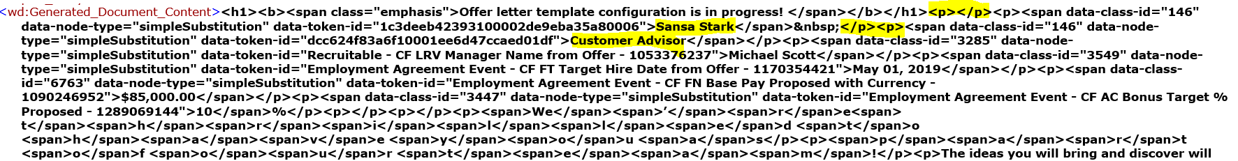 HTML code snippet displaying generated document content for an offer letter, with highlighted sample data including Sansa Stark, Customer Advisor, Michael Scott, and offer details.