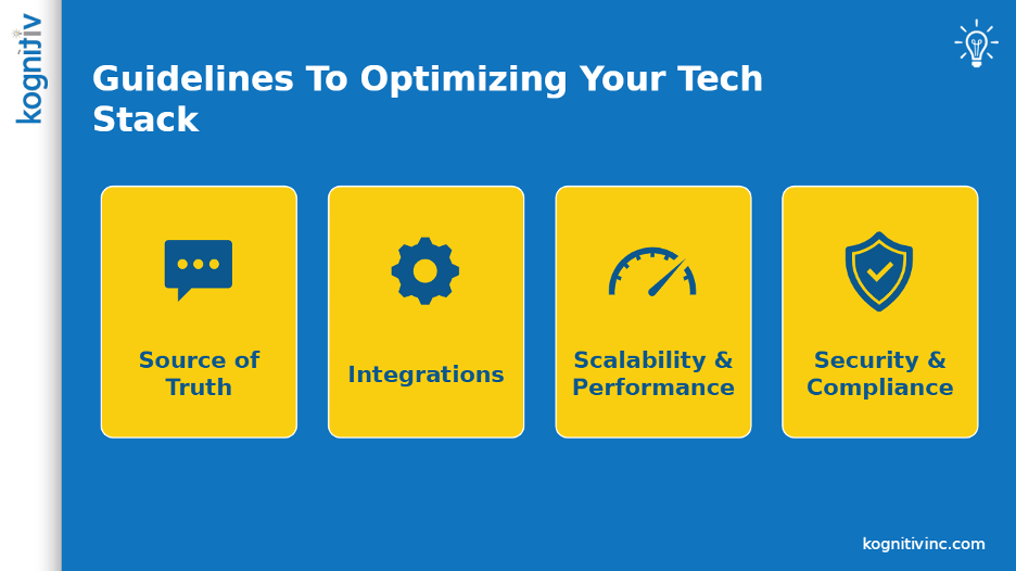 Infographic with four yellow boxes on a blue background. Title: “Guidelines to Optimizing Your Tech Stack.” The four guidelines are: Source of Truth, Integrations, Scalability & Performance, and Security & Compliance.